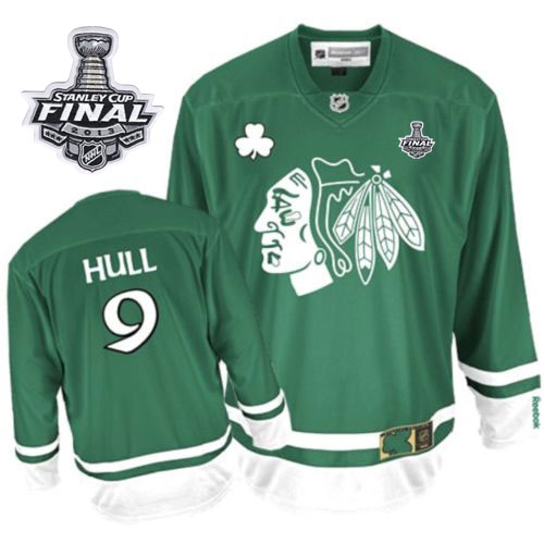 Bobby Hull Jersey Reebok Chicago Blackhawks 9 Premier Green St Pattys Day Man With 2013 Stanley Cup Finals NHL Jersey