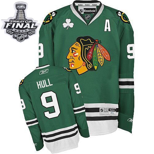 Bobby Hull Jersey Reebok Chicago Blackhawks 9 Premier Green Man With 2013 Stanley Cup Finals NHL Jersey