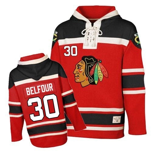 ED Belfour Jersey Old Time Hockey Chicago Blackhawks 30 Red Sawyer Hooded Sweatshirt Premier NHL Jersey