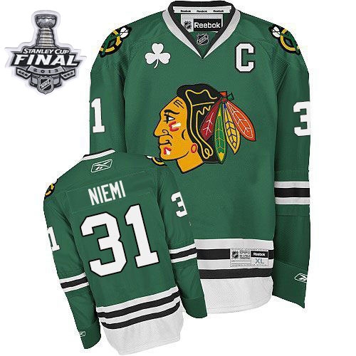 Antti Niemi Jersey Reebok Chicago Blackhawks 31 Premier Green Man With 2013 Stanley Cup Finals NHL Jersey
