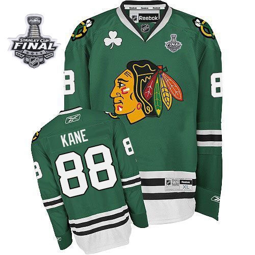 Patrick Kane Jersey Youth Reebok Chicago Blackhawks 88 Premier Green With 2013 Stanley Cup Finals NHL Jersey